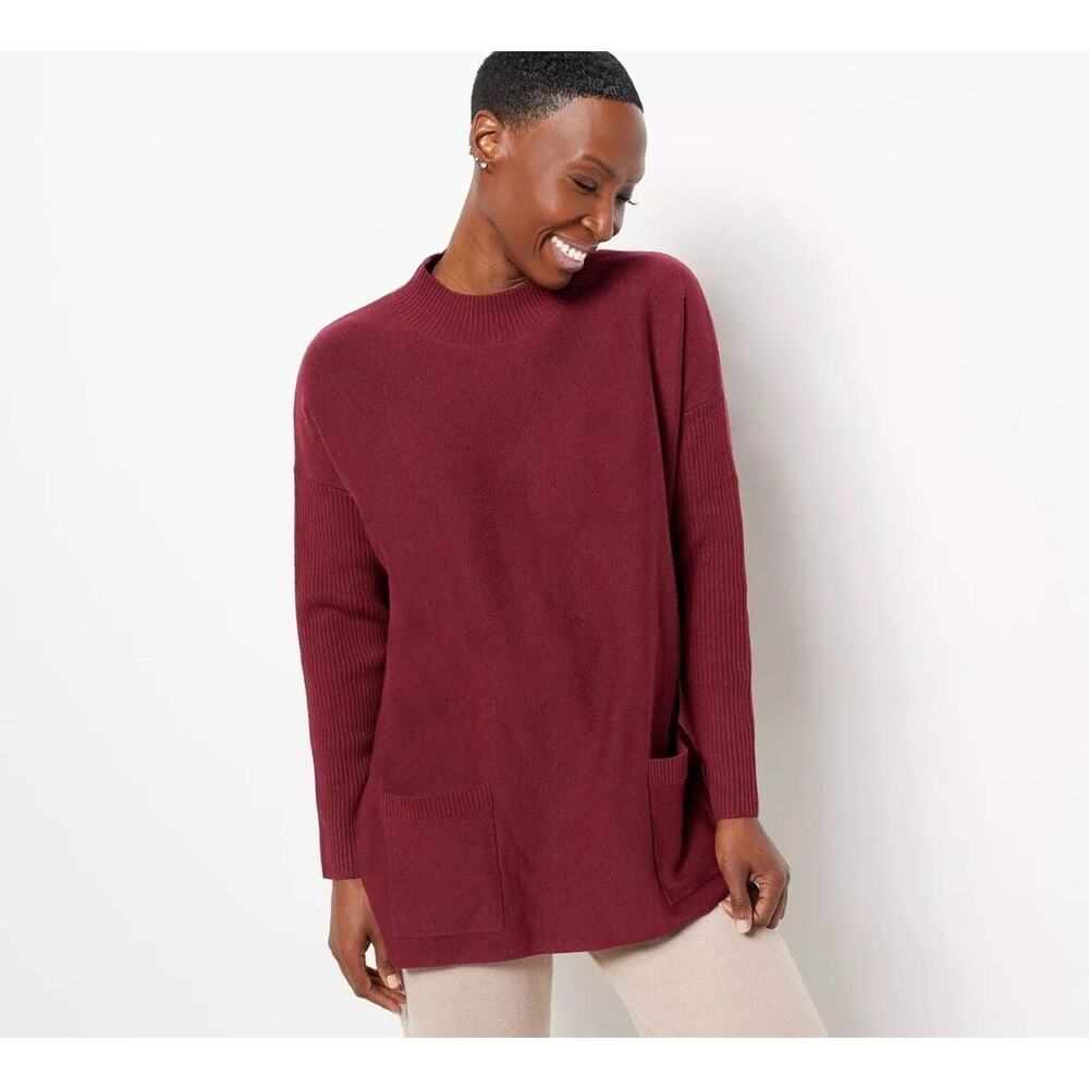 Modern Soul Mock Neck Tunic Sweater Oversized XS S Red Burgundy Pockets